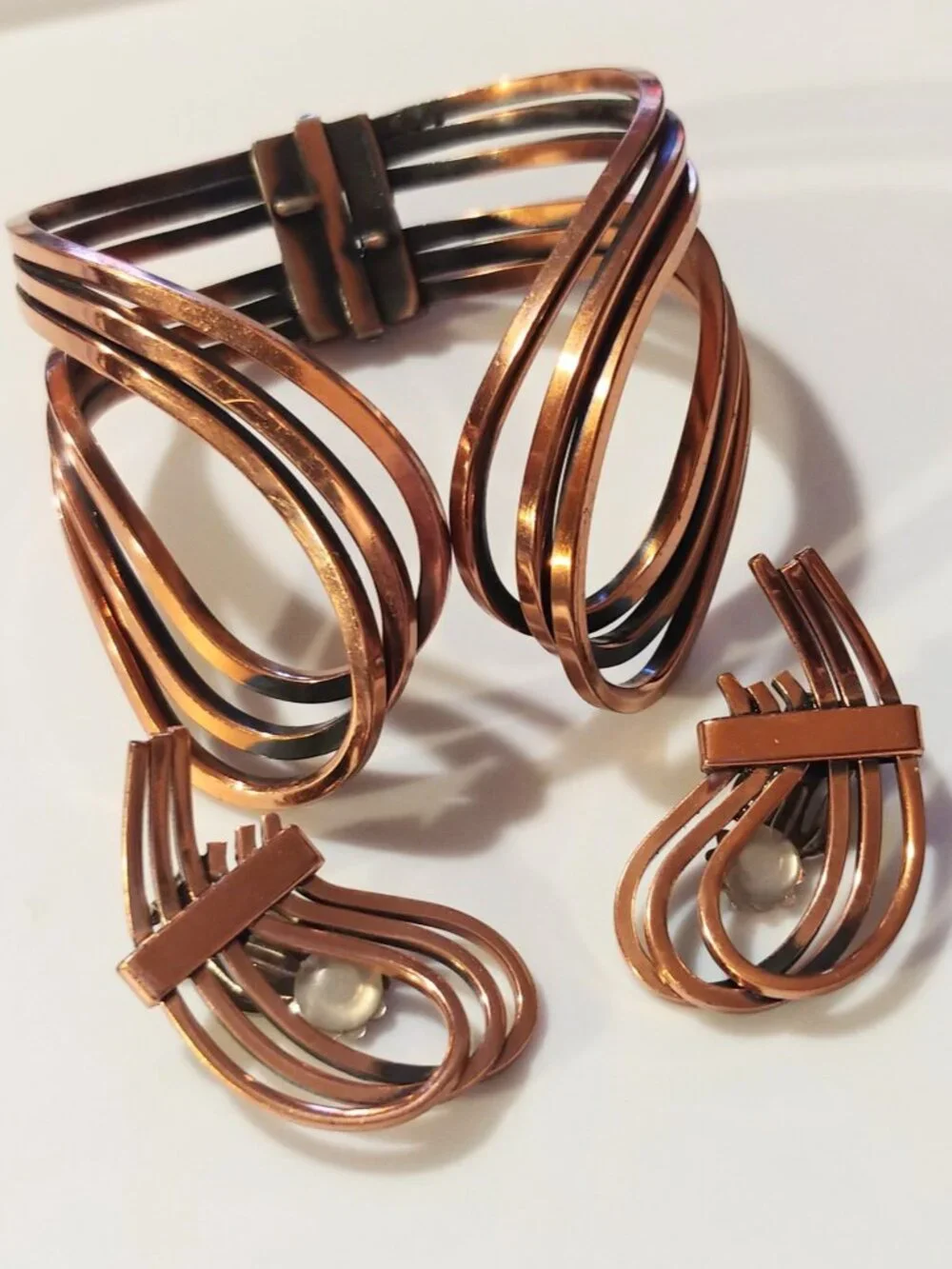 Gorgeous 50s MCM Signed Renoir Rhythm Copper Bracelet & Earrings Set